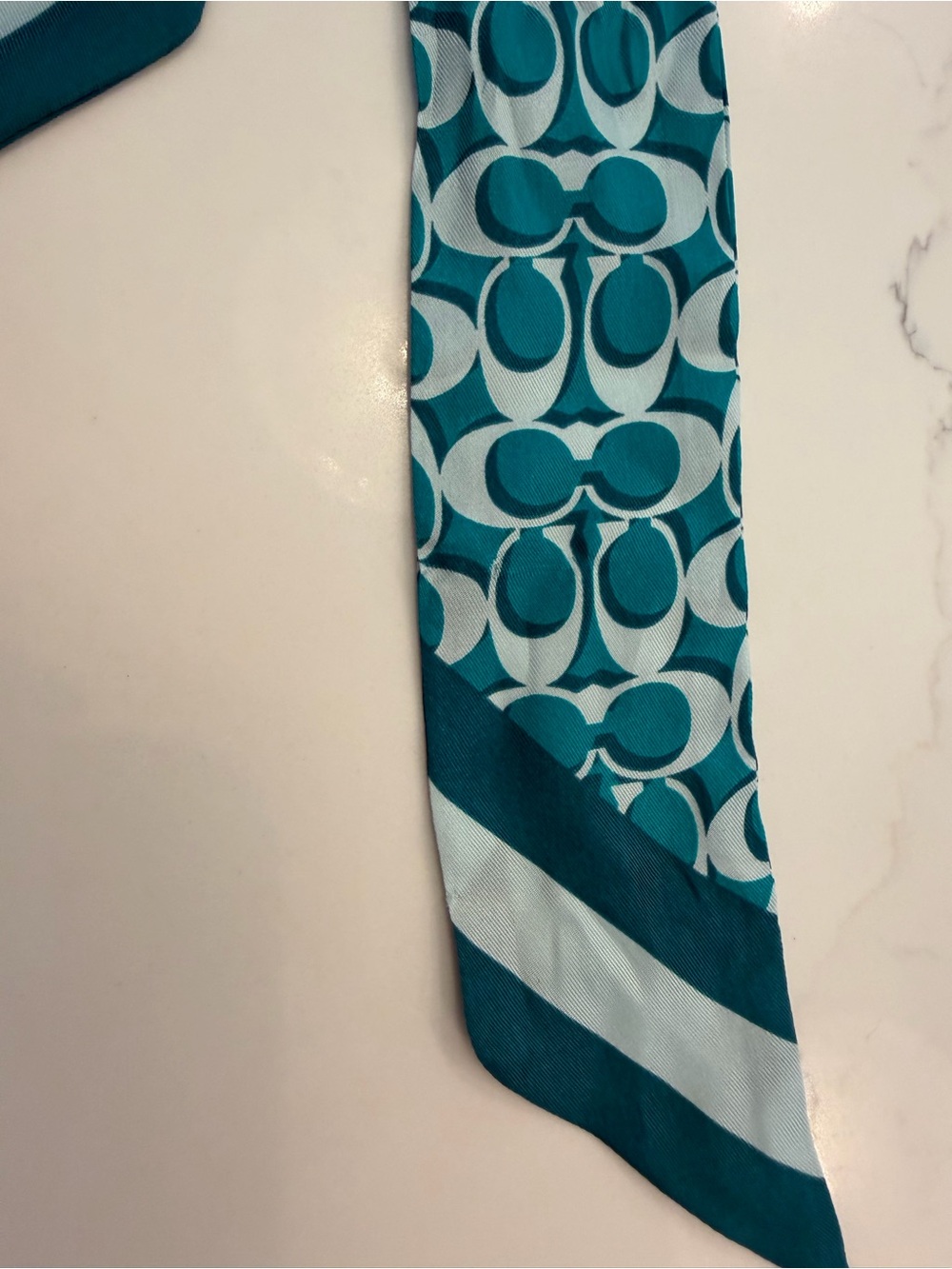 Coach Teal Logo-Print Silk Scarf Ribbon with Stripe Ends - Picture 3 of 6